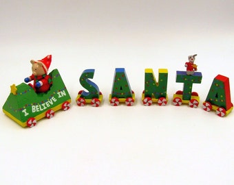 Miniature Wooden I believe in Santa Spellout Christmas Train Wood People Painted Letters Teddy Bear Engine Tabletop Kids Decoration