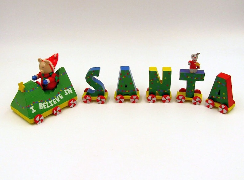 Miniature Wooden I believe in Santa Spellout Christmas Train Wood People Painted Letters Teddy Bear Engine Tabletop Kids Decoration image 1