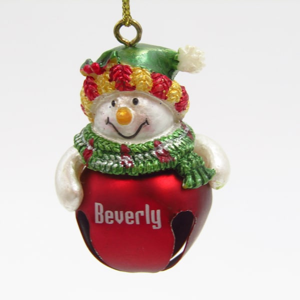 Christmas Ornament for Beverly Girls Name Jingle Bell Snowman Red Green Ringing Babys First Christmas