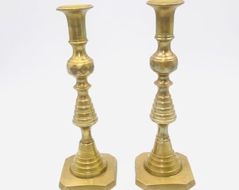 Antique English 1890s Brass Push Up Candlesticks, Pair of 10 Inch Victorian Era Beehive and Diamond Gold Taper  Candle Holders Set