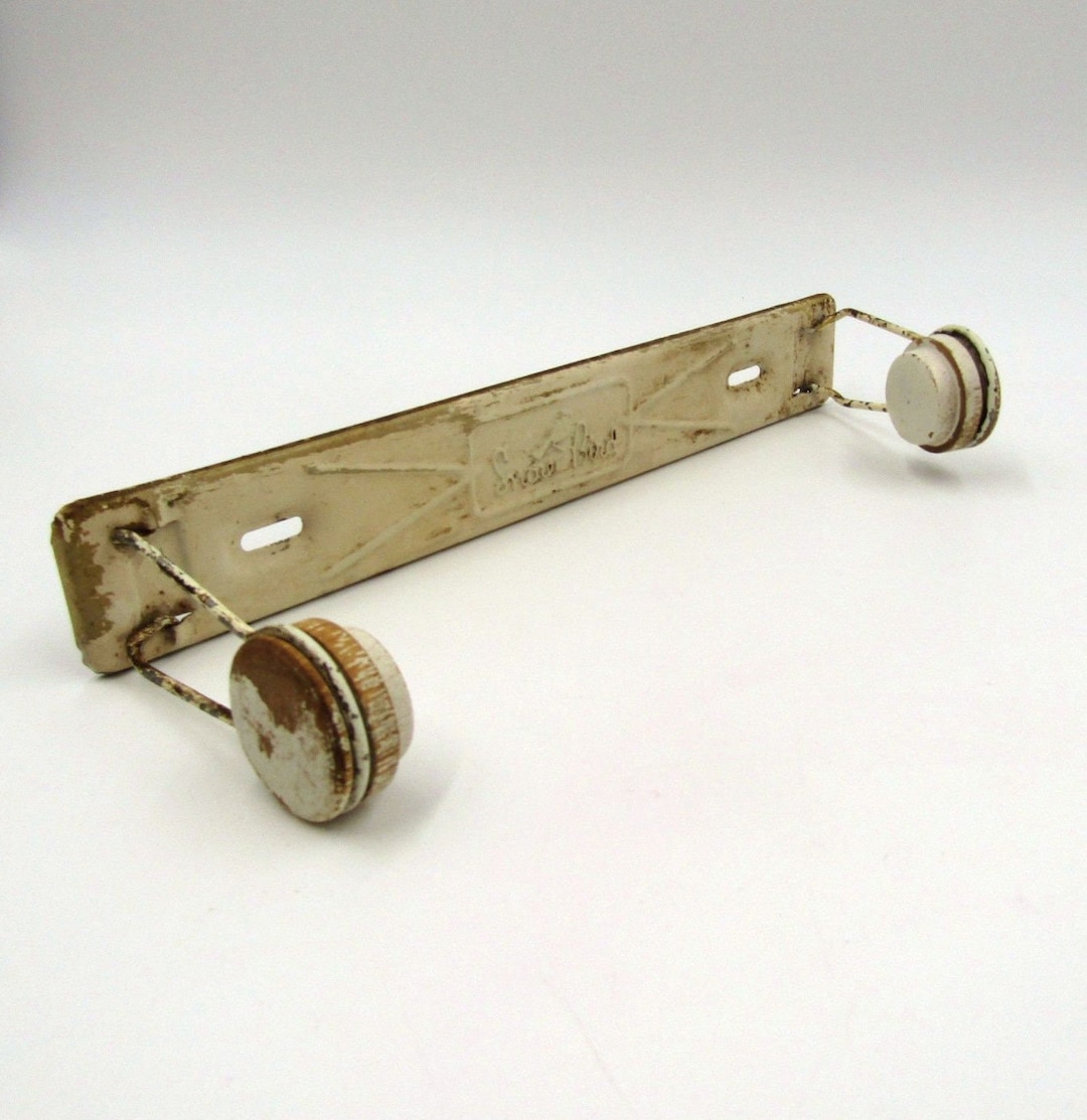 Antique Paper Towel Holder Wall Mount Kitchen Snow Bird Chippy White Paint Metal Wood Ends