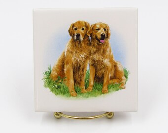 Golden Retriever Dog Ceramic Trivet Tile Coaster Pair Two Brothers Sisters Cork Backing Portrait Painting