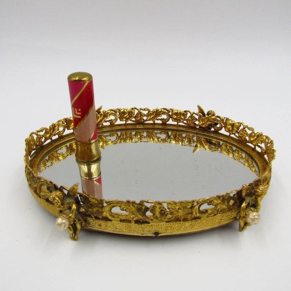 Vintage Mirror Vanity Tray 7.5 Oval Gold Gilded Gilt Etsy