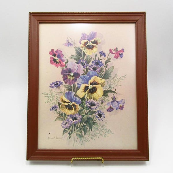 Vintage Framed 13x16 Floral Lithograph Print Robert Laessig 1971 Spring Pansy Bouquet Purple Yellow Botanical Still Life Flowers Wall Art