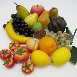 Artificial Fruit Vegetable Assortment 19pc Lot Set Pear Tomato Grape Lemon Lime Nectarine Banana Squash Apple  For Props Crafts Centerpiece