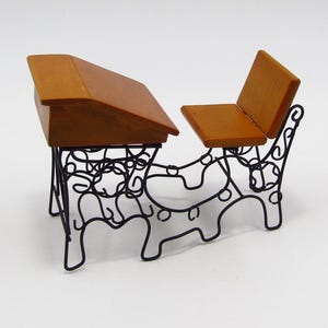 Miniature Old-Fashioned Doll-Size Display Prop Schoolhouse Student Desk Wood and Faux Wrought Iron Scrollwork for Classroom