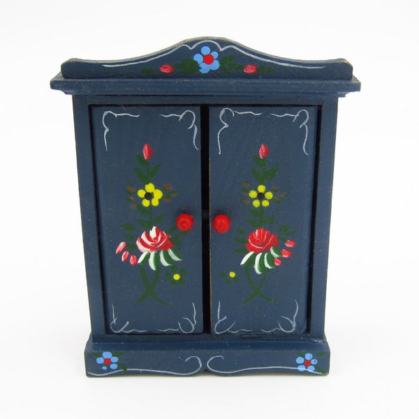 Vintage Miniature Wood Handpainted Floral Cupboard Armoire Cabinet Dollhouse Furniture