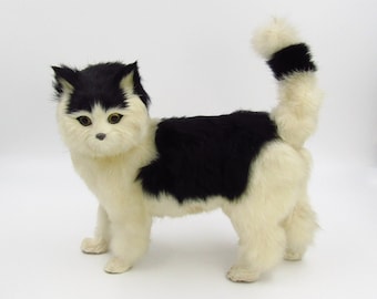 Vintage Real Rabbit Fur Cat with Glass Eyes - White Black Standing with Tail up - Realistic Furry Stuffed Plush Animal Figurine Toy