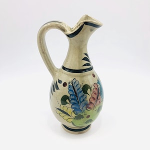 Mexican Pottery Ceramic Pitcher Vase – Hand-Painted Tonala Folk Art Bird Floral Handmade Jug – Southwestern Home Décor Signed by Artist