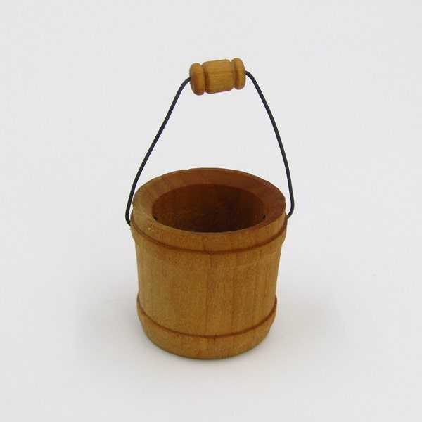 Vintage Miniature Rustic Wooden Pail Bucket with Handle 1.5" Dollhouse Furniture Accessory
