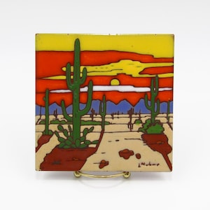 Vintage Ceramic Tile Art 6x6 Southwest Desert Scene Saguaro Cactus Mountains Leone Kune Earthtones Pottery Trivet Hotpad Tabletop Hanging