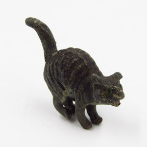 Vintage Miniature Bronze Sculpture of an Angry Cat Hissing with Arched Back and Tail Up Figurine
