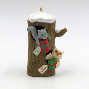 Owl and Squirrel Neighbors Exchange Gifts 1991 Christmas Ornament Critters Woodland Creatures Up North Cabin Cottage Rustic