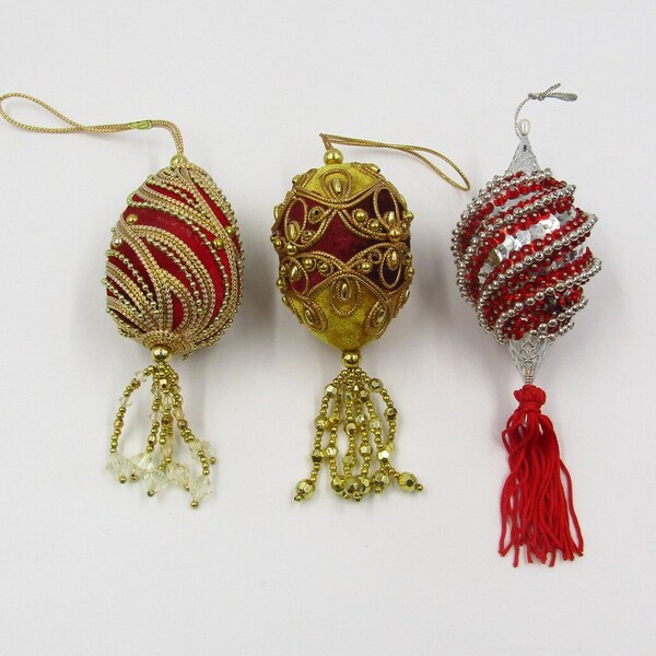 You  Pick - Beaded Christmas Ornament 3" Egg Shape Ribbon Styrofoam RikRak Satin Base Spun Glass