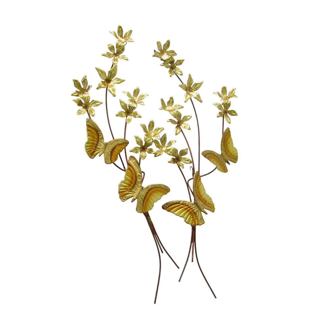 Vintage Metal Wall Art Decor Gold Flowers Butterfly Branches Hanging
