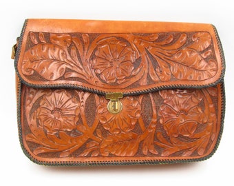 Antique 1930s Tooled Leather Handbag Purse Satchel Brown Floral Design Brass Clasp Black Stitching