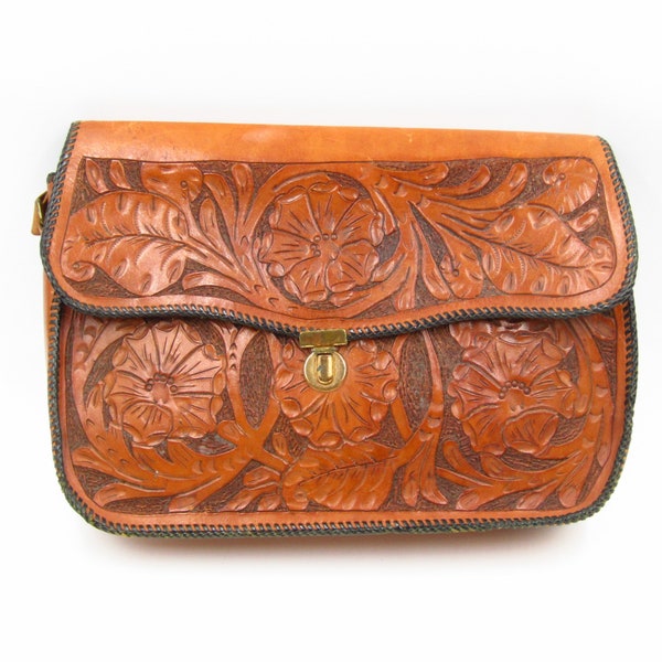Antique 1930s Tooled Leather Handbag Purse Satchel Brown Floral Design Brass Clasp Black Stitching
