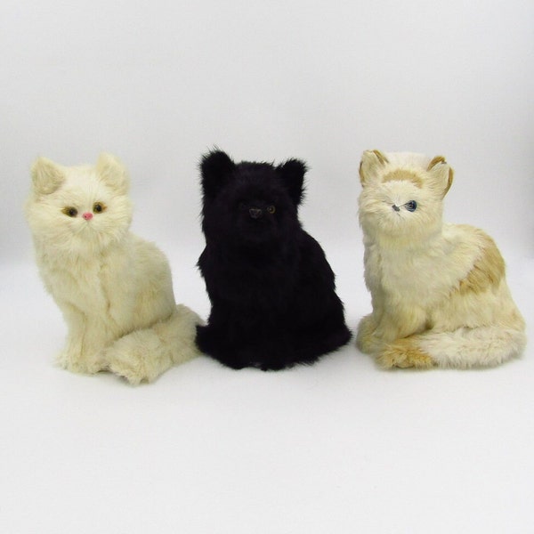 You Pick - Vintage Real Rabbit Fur Cat with Glass Eyes - White Black Sitting Position - Realistic Furry Stuffed Plush Animal Figurine Toy