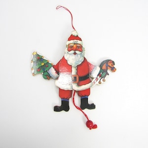 Vintage Wooden Santa Jumping Jack Ornament with Pull String Toy - 6&quot; Marionette Holiday Decor - Retro Christmas Tree Ornament
