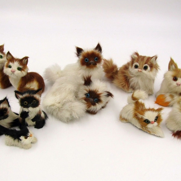 You Pick - Vintage Handmade Realistic Furry Kitten Rabbit Fur Stuffed Plush Cat Animal Glass Eyes TriColor Red White Buff Tan Siamese Mini