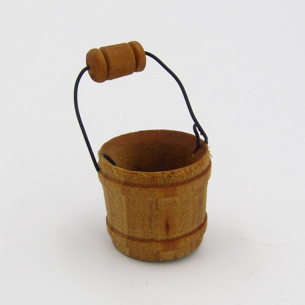 Vintage Miniature Rustic Wooden Pail Bucket with Handle 1" Dollhouse Furniture Accessory