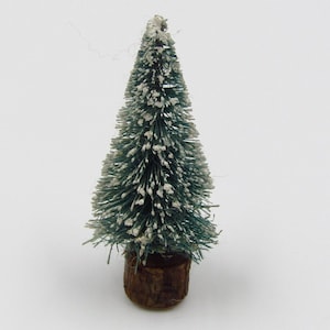 Vintage Dollhouse Miniature Christmas Tree 2-1/4 inch Flocked Bottle Brush Pine Evergreen  Wood Base