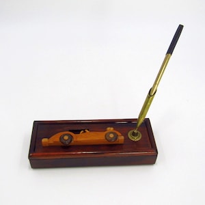 Vintage Handcrafted Wood Pen Holder Stand with Classic Car Intarsia Design on Pencil Box