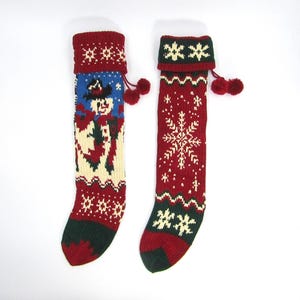 Vintage Chenille Knit Christmas Stocking 22&quot; Snowman, Snowflakes, Cuffed with Pom Poms