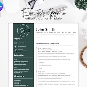 Educator Resume, Editable Canva Template, Teacher Resume Download, High School Resume, Middle School Resume