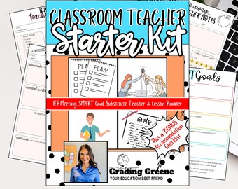 May include: A classroom teacher starter kit with a black and white polka dot background. The kit includes a lesson planner, IEP meeting, SMART goal, substitute teacher, and bonus accommodation checklist. The kit also includes a class report card and a goal setting sheet. The kit is designed by Grading Greene, Your Education Best Friend.