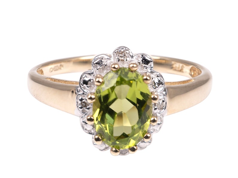 Ring Size L Vintage /& Pre Owned Rings Green Peridot Jewellery Peridot Diamond Ring 9ct Yellow Gold Full Hallmarks Peridot Dress Rings
