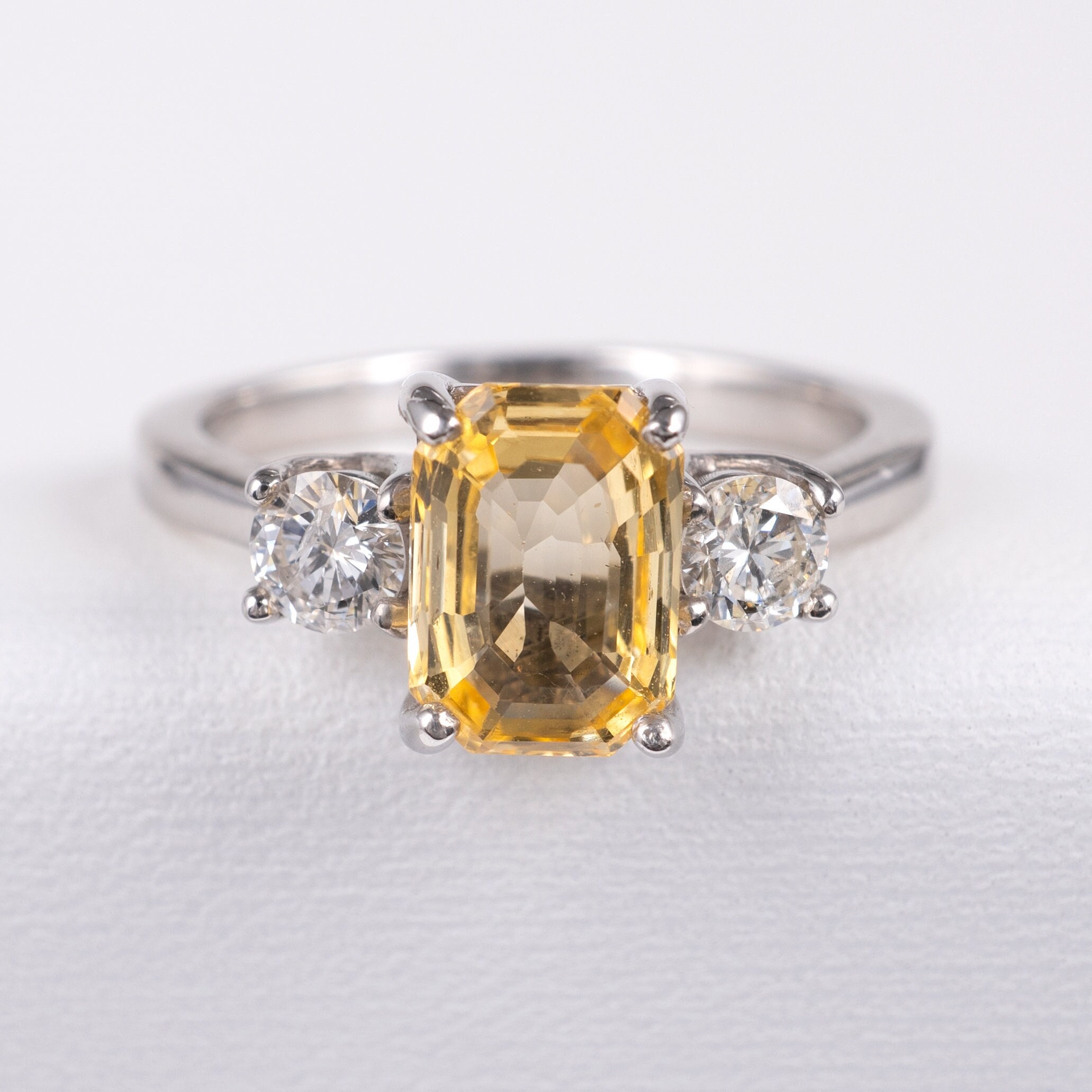 Unheated Yellow Ceylon Sapphire & Diamond Ring 950 Platinum Hallmarked, Three Stone Statement Rings