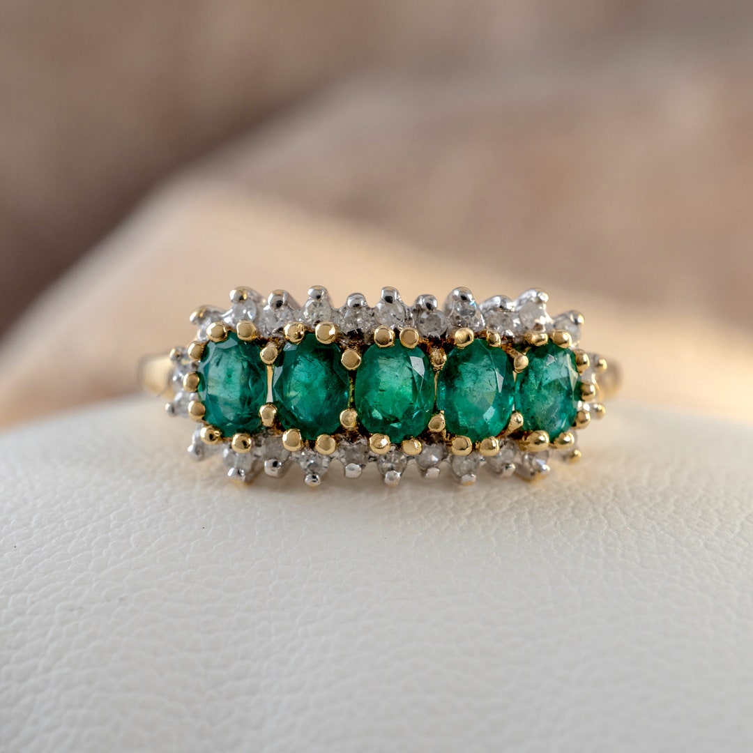 9ct Yellow Gold Emerald Diamond Ring Five Stone Emerald Rings Etsy