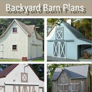 May include: A collage of five different backyard barn designs with the text Backyard Barn Plans, 19 Layouts with Lofts, Instant Download, and Practical Small Pole-Barns. The images show various white and wooden barn structures with lofts and doors.