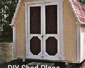 May include: A light-colored wooden shed with a gambrel roof and double doors. The text reads: DIY Shed Plans, Gambrel Roof Designs, 16 Sizes from 8'x8' to 16'x24', Step-By-Step DIY Instructions, Material Lists, Instant Digital Download, (Read More).