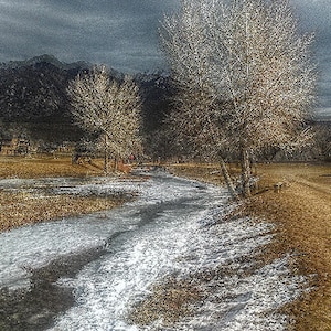 May include: A landscape photograph of a winter scene. Bare trees stand on the right side of a partially frozen stream. The ground is covered in brown grass and patches of snow. Dark mountains and a cloudy sky are in the background.