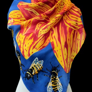 Bee Silk Scarf – Hand Painted 100% Silk – Yellow & Blue Floral – Original Gift for Women