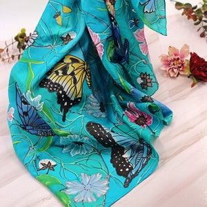 Butterfly Silk Scarf – Hand Painted 100% Silk – Blue & Turquoise – Nature-Inspired Gift for Her