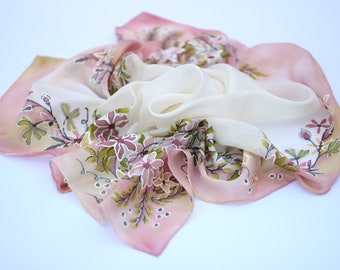 Pink floral silk scarf, Hand painted silk scarf, 100% Silk scarf, Flowers, Romantic, White, Gift for her, Gift for women, Original, Unique