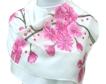 Hand-Painted Cherry Blossom Silk Scarf: 100% Habotai Silk