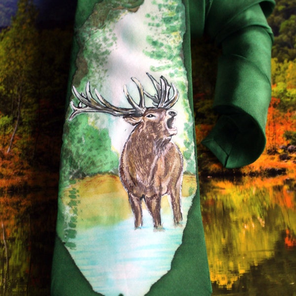 Deer Hand Painted silk tie,Hunting,hunter,handmade necktie,Christmas gift,present for men,husband,boyfriend,BFF,anniversary,forest,nature