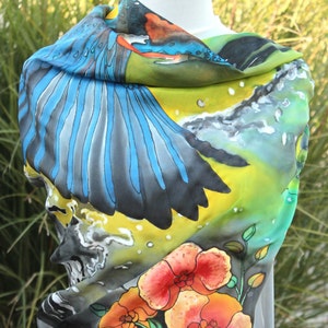 Kingfisher Silk Scarf – Hand Painted 100% Silk – Green & Floral – Artistic Gift for Her