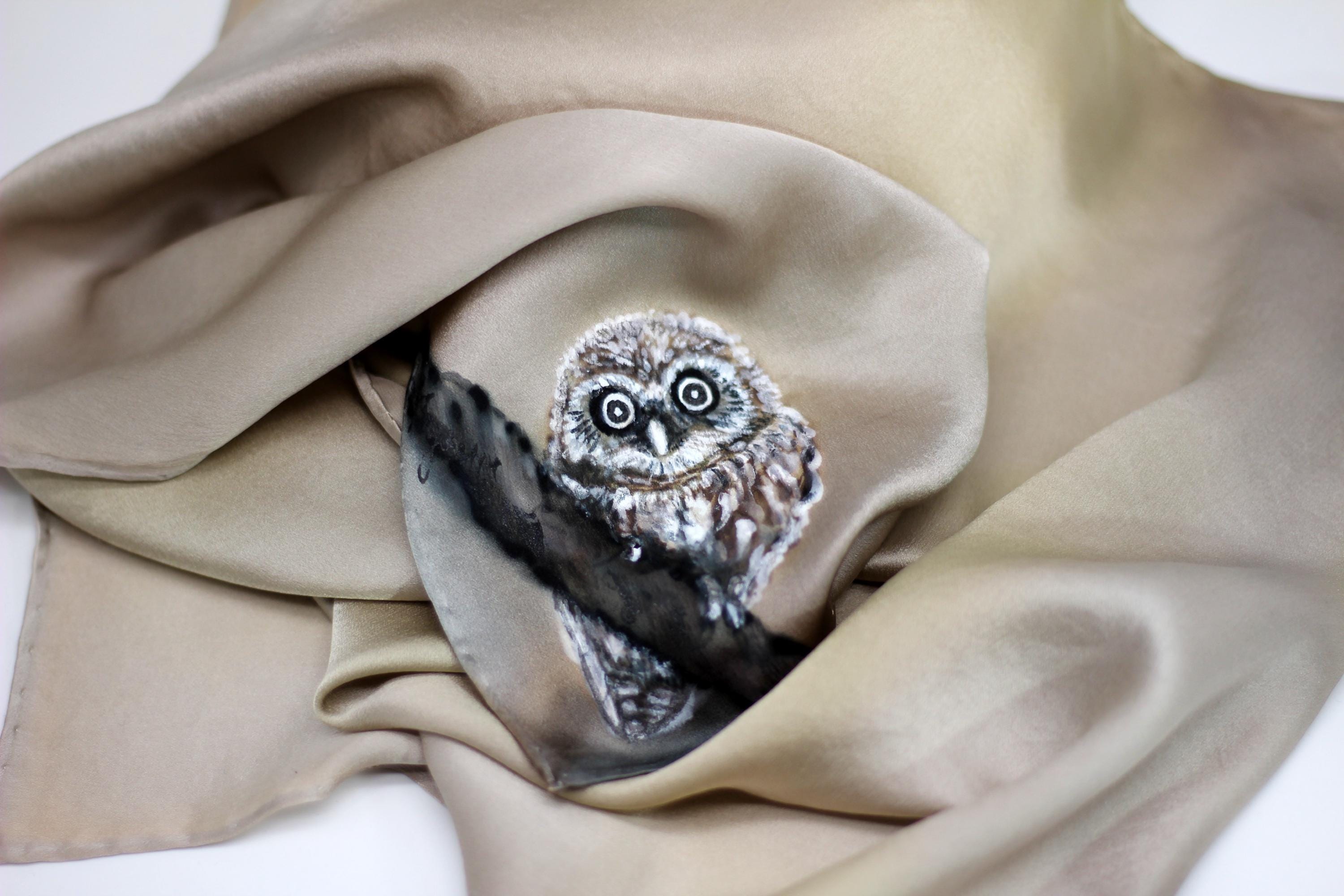 Hand Painted Owl Silk Scarf – Crepe Satin 12.5 – 52×52 cm
