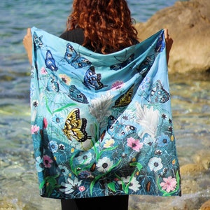 Butterfly Silk Scarf – Hand Painted 100% Silk – Blue & Gray– Nature-Inspired Gift for Her