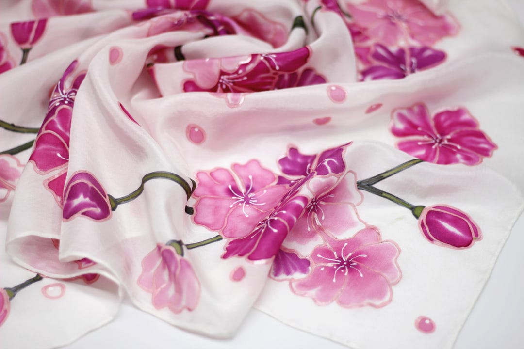 Hand Painted Cherry Blossom Silk Scarf Gift - Etsy
