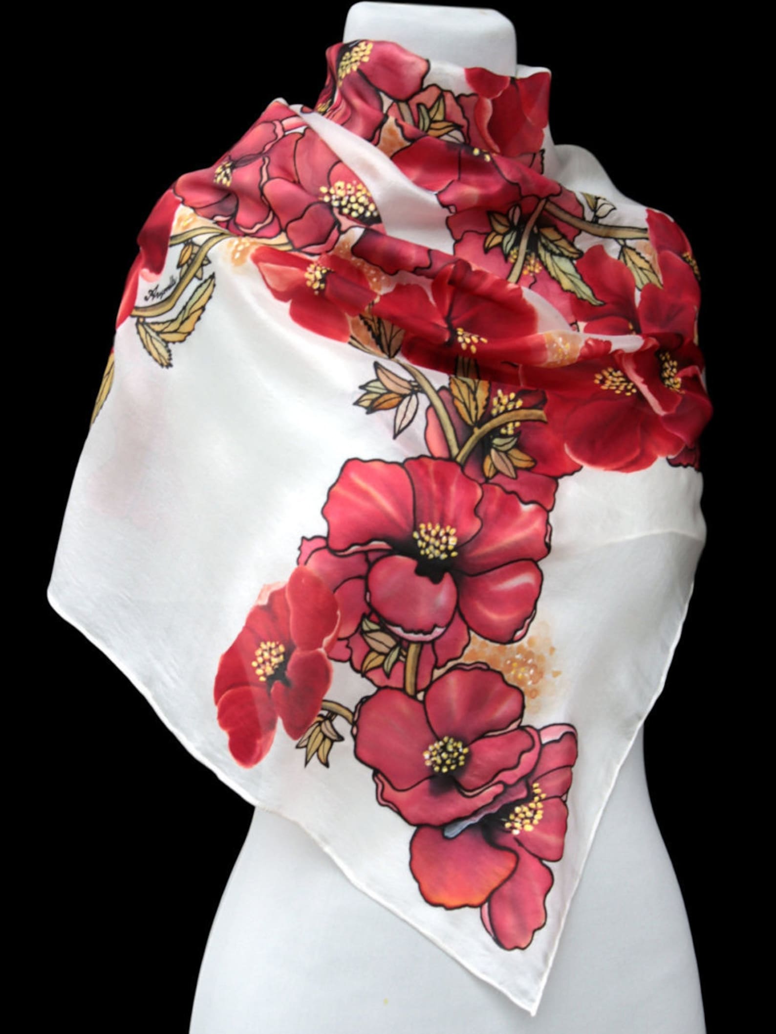 Hand Painted Red Floral Silk Scarf, Elegant Poppy Art Wrap for Women