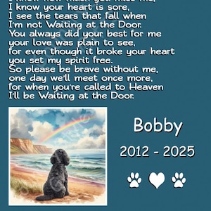 May include: A memorial art print with a poem titled "Waiting at the Door." It features a black dog sitting on a beach, a rainbow, and the name "Bobby" with the years 2012-2025.