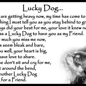 May include: Black and white illustration of a dog with the text "Lucky Dog..." and a poem about a dog's love and friendship.
