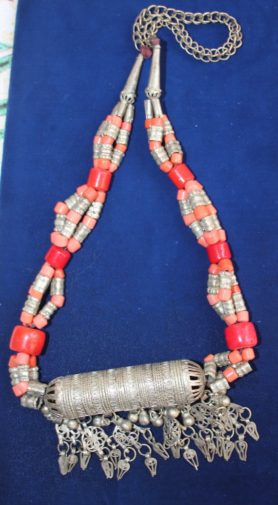 Old Antique Yemeni Ethnic Silvered Necklace With L