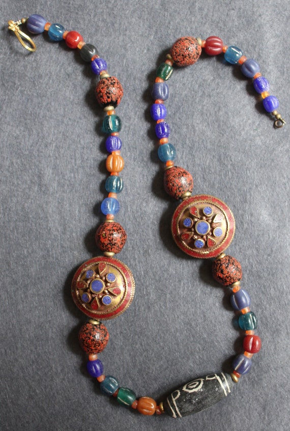 Old Vintage Necklace, C. Mid 20th C. Beads, Medall